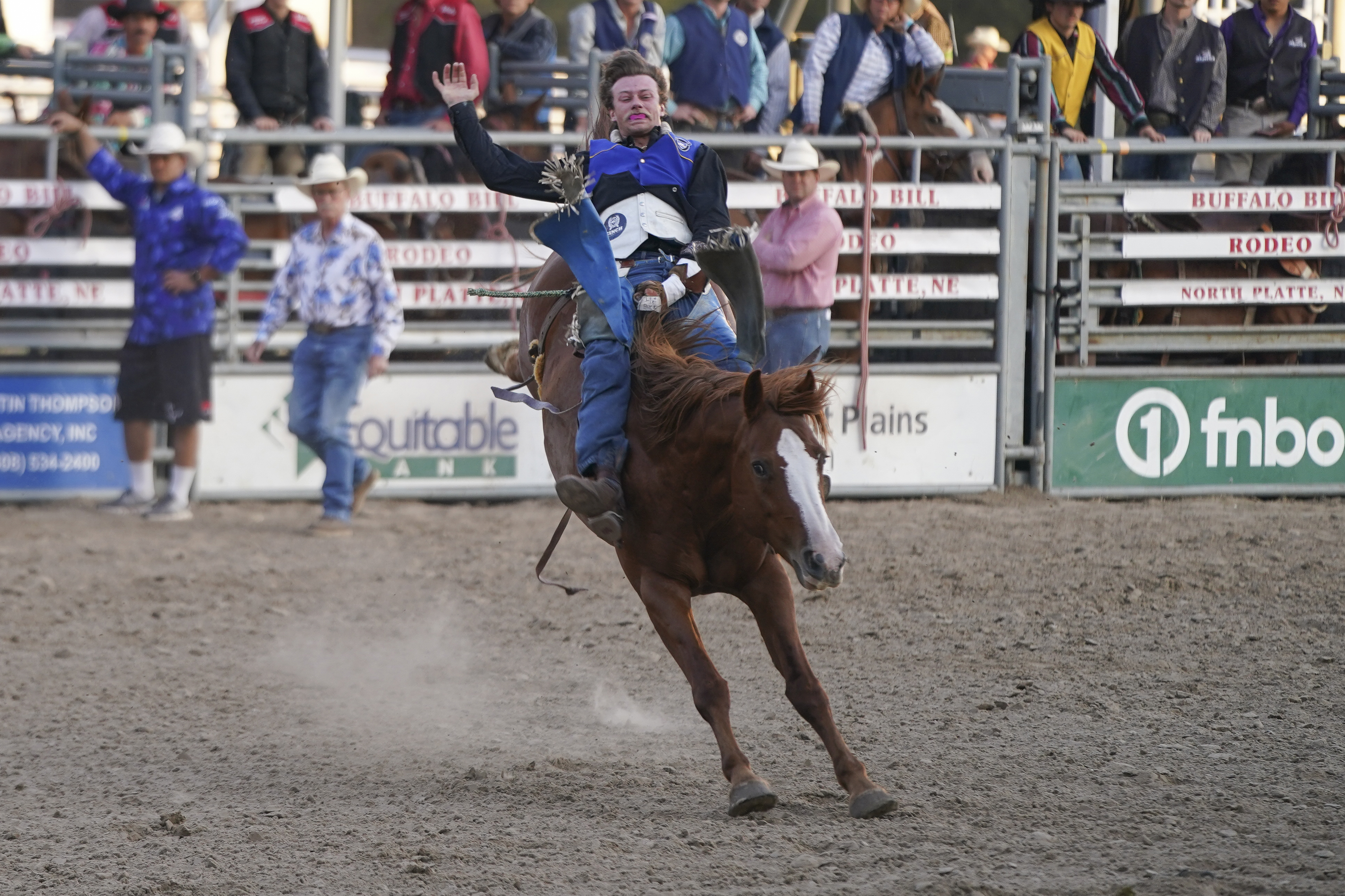 Jackson Lunn competes in the bareback event during the final day of the MPCC Stampede Rodeo in 2024. 