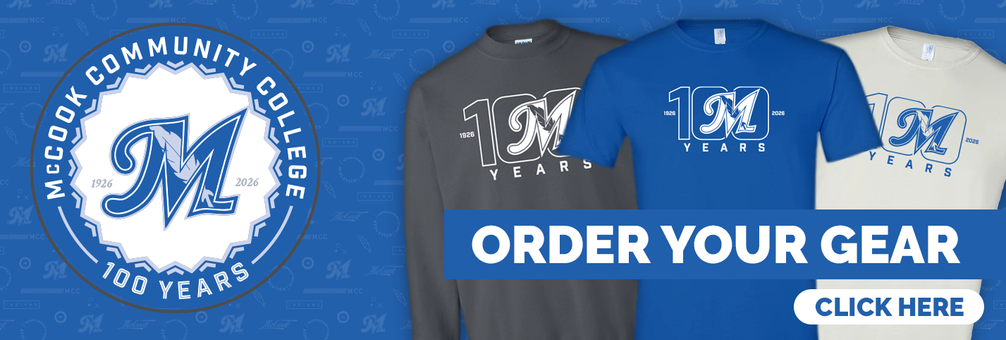 Image of McCook gear featuring two T-shirts and one sweatshirt, each displaying the McCook 100 Year celebration logo. Image of McCook gear featuring two T-shirts and one sweatshirt, each displaying the McCook 100 Year celebration logo.